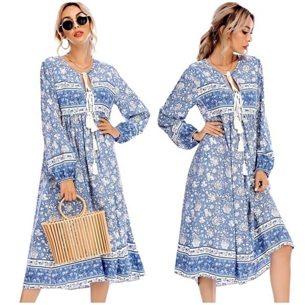 R. Vivimos Bohemian V-Neck Midi Dress
